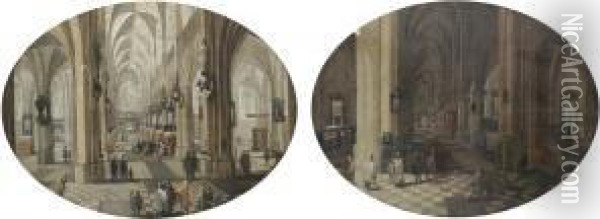 The Interior Of Antwerp Cathedral By Day; And The Interior Ofantwerp Cathedral By Night Oil Painting - Pieter Neefs The Elder, Frans The Younger Francken