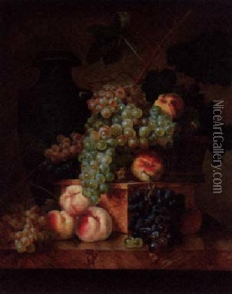 A Basket Of Fruit On A Ledge With A Vase Beyond Oil Painting - Emmanuel Fries