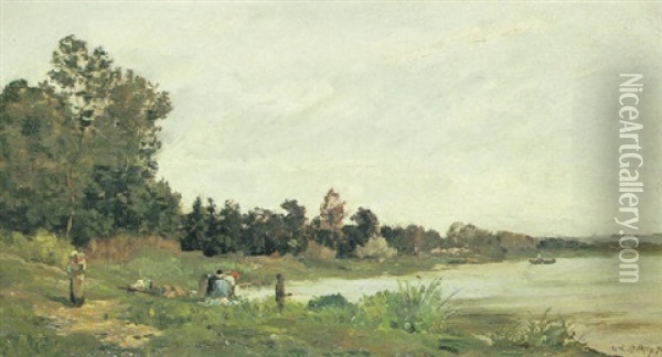 Washerwomen In A River Land- Scape Oil Painting - Hippolyte Camille Delpy