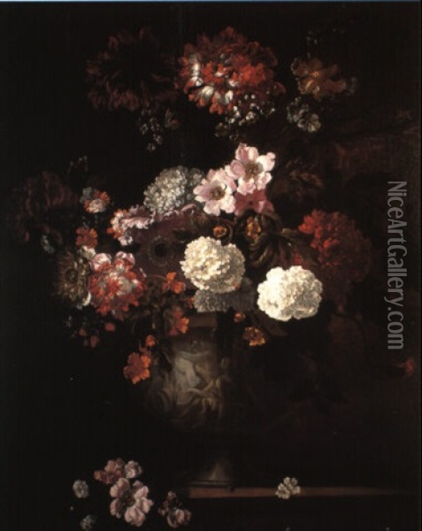 Carnations And Other Flowers In An Urn On A Stone Ledge Oil Painting - Jean-Baptiste Monnoyer