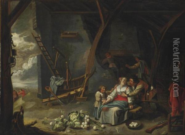 Peasants In A Barn Interior Oil Painting - Dirck Wyntrack