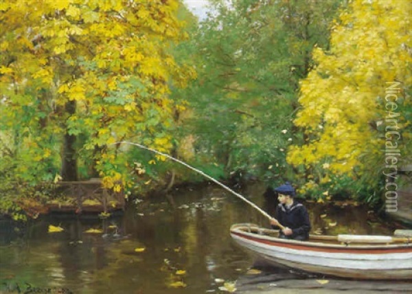 Alob Gennem Skov Med Lille Dreng I Matrostoj Siddende I Robad Med En Fiskestang Oil Painting - Hans Andersen Brendekilde