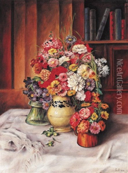 Astern Und Dahlien In Drei Vasen, Malerisch Arrangiert Auf Weisem Tuch Oil Painting - Elisabeth Jung
