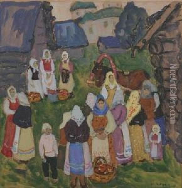 Russian Village Gathering Oil Painting - Moissey Kogan