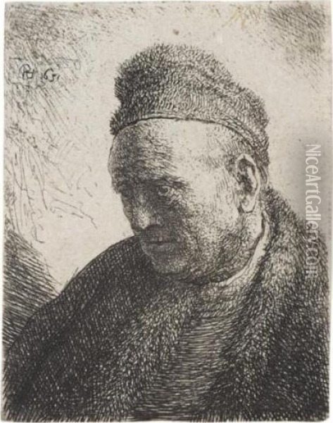 Beardless Man In Fur Cloak And Cap: Bust (b., Holl.307; H.84; Bb.rej.55) Oil Painting - Rembrandt Van Rijn