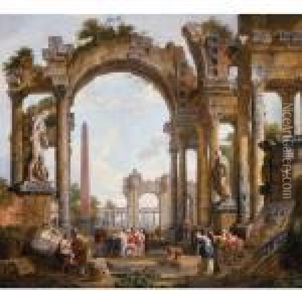 A Capriccio Of Classical Ruins With Christ Healing The Lame At The Pool Of Bethesda Oil Painting - Giovanni Niccolo Servandoni