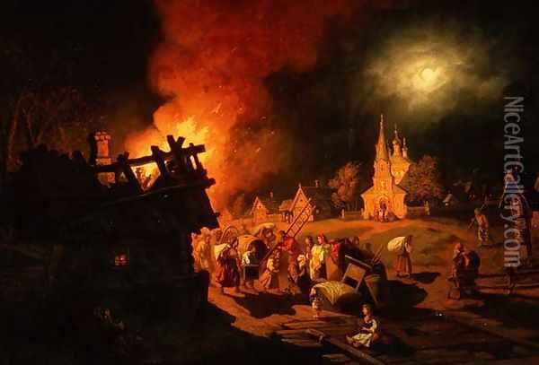 Fire in the Village Oil Painting - Leonid Ivanovich Solomatkin