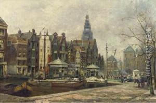Damrak Entree Amsterdam: A View Of The Damrak, Amsterdam Oil Painting - Johan Gerard Smits