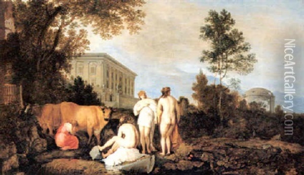 Bathers And A Milkmaid By A Palace In An Italianate Land-   Scape Oil Painting - Dirk Dalens the Elder
