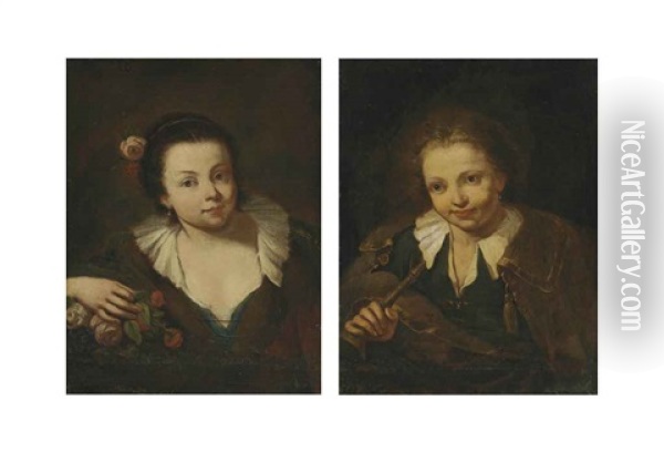 A Peasant Girl (+ A Peasant Boy; Pair) Oil Painting - Antonio Mercurio Amorosi