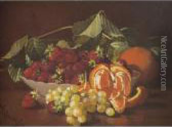 Still Life With Strawberries, Grapes And Oranges Oil Painting - Edward Chalmers Leavitt