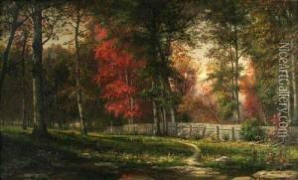 Autumn Landscape With Wooden Fence,1873 Oil Painting - George Hetzel
