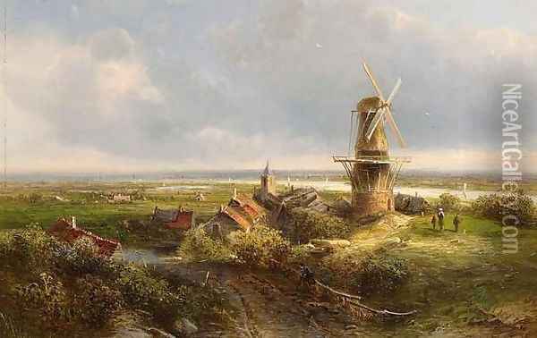 Windmill in an Extensive Landscape Oil Painting - Pieter Lodewijk Francisco Kluyver