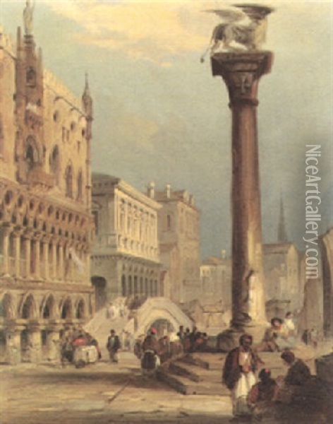 St Mark's Column And The Doge's Palace, Venice Oil Painting - Edward Pritchett