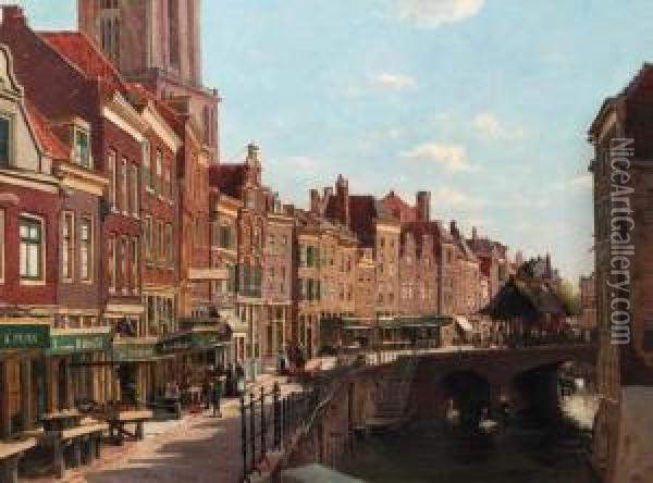 Townsfolk Shopping Along The Oude Gracht, Utrecht Oil Painting - Willem Johannes Oppenoorth
