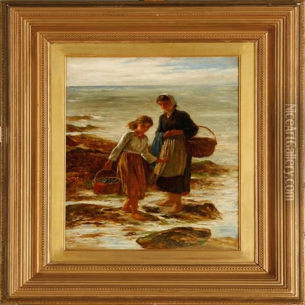Girls Gathering Mussels On The Beach Oil Painting - Robert Carrick