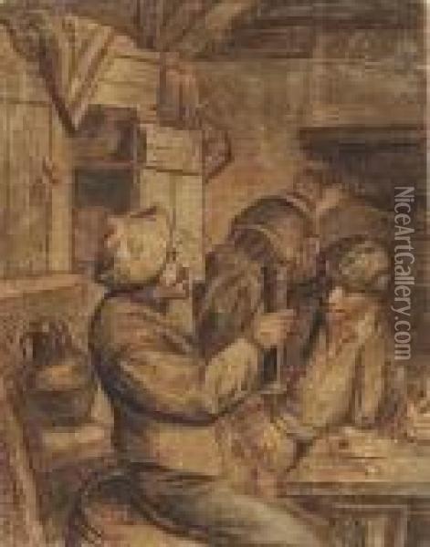 Peasants Drinking And Smoking In An Interior Oil Painting - Cornelis Dusart