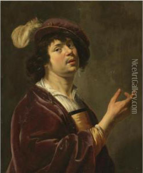 A Young Man, Half-length, Wearing A Burgundy Jacket And A Feathered Cap Oil Painting - Jan Van Bijlert