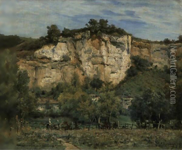 The Cliffs Of Rochecorbon, Near Tours Oil Painting - Charles Euphraisie Kuwasseg