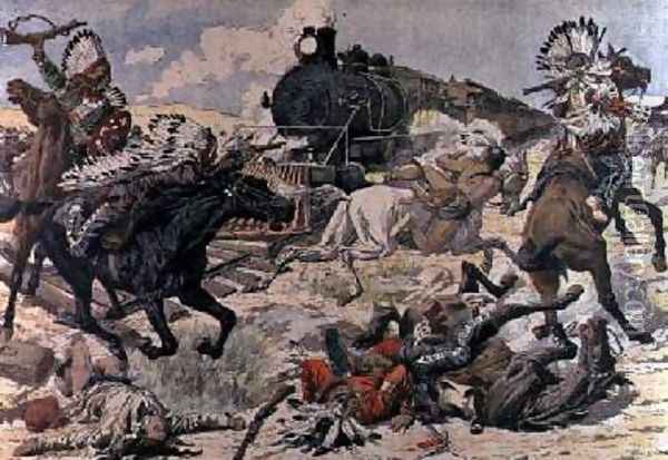 A Train Attacked by a Tribe of Red Skins in Arizona illustration from Le Petit Journal 1906 Oil Painting - Fortune Louis Meaulle