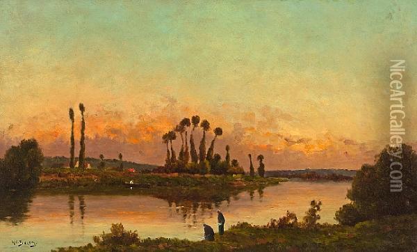 Washerwomen Beside A River At Sunset Oil Painting - Hippolyte Camille Delpy