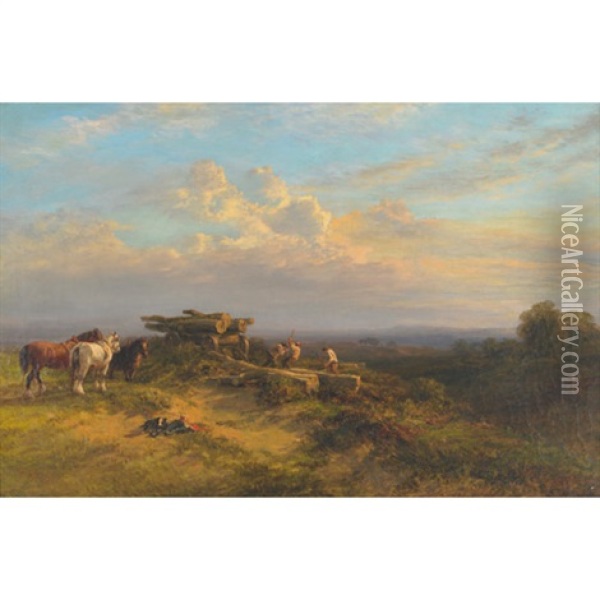 The Timber Wagon, Working At Sunset Oil Painting - George Cole