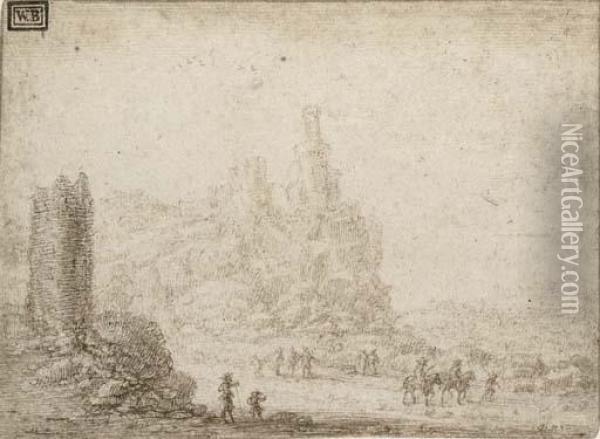 Soldiers And Cavalry Below A Ruined Castle Oil Painting - Gillis Neyts