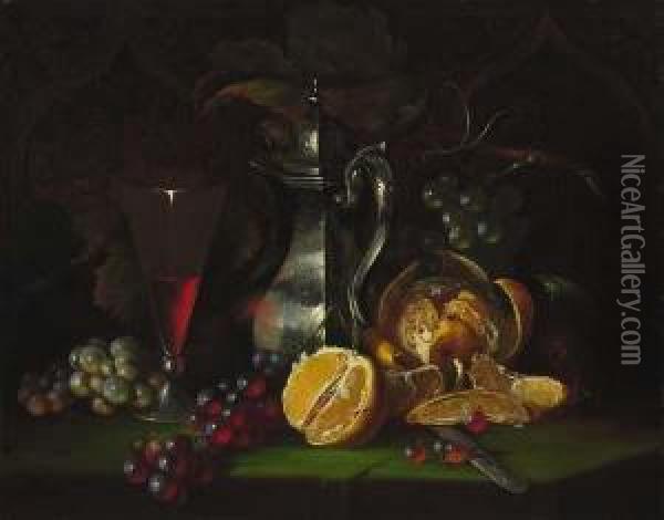 Still Life With Ewer, Glass & Fruit Oil Painting - Alessandro E. Mario