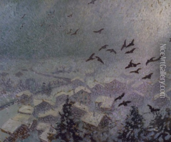 Blackbirds And Falling Snow Oil Painting - William Samuel Horton