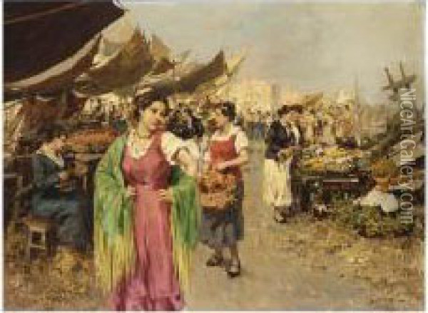 A Vegetable Market In An Italian City Oil Painting - Giuseppe Pitto