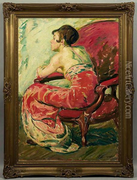 Junge Dame In Rotemabendkleid Oil Painting - Otto Gussmann