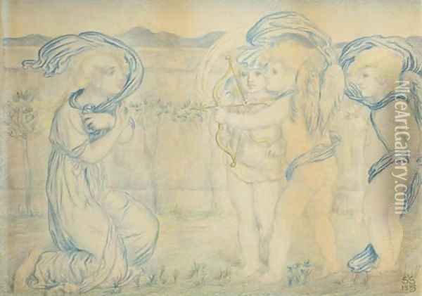 Cupid and amorini targeting a kneeling woman Oil Painting - Simeon Solomon