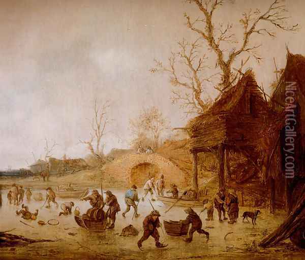 A Winter Landscape With Skaters, Children Playing Kolf And Figures With Sledges On The Ice Near A Bridge Oil Painting - Isaack Jansz. van Ostade