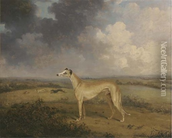 A Prize Greyhound In A Landscape, A Coursing Scene Beyond Oil Painting - Henry Bernard Chalon