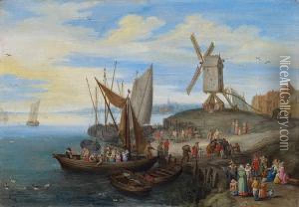 Hafenszene Mit Windmuhle Und Kaufleuten Oil Painting - Pieter Gysels