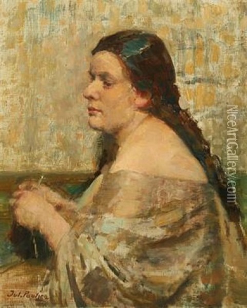 Knitting Woman In A Grey Dress Oil Painting - Julius Paulsen
