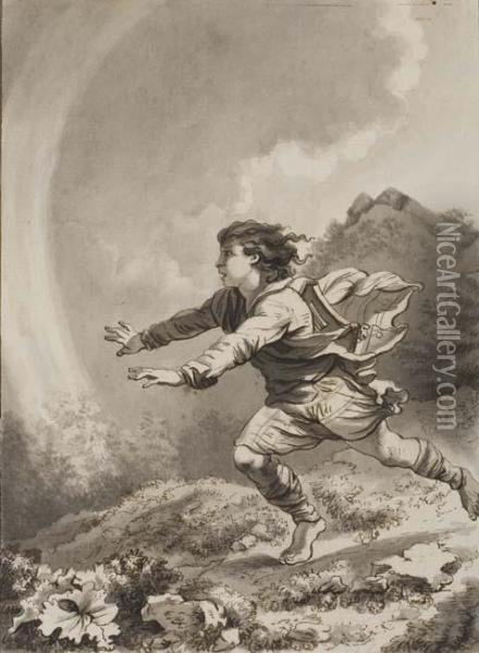 Boy Running In A Landscape Oil Painting - W.P. De Quincey