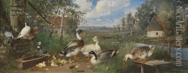 Huhner Und Enten Am Bauernhof Oil Painting - Julius Scheuerer