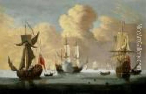 Marine. Britische Kriegsschiffe Auf Unbewegter See. Oil Painting - Joris van der Haagen or Hagen
