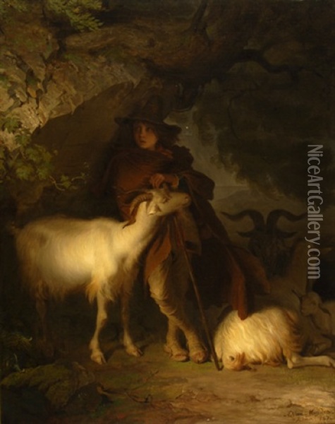 Berger Italien Et Son Troupeau De Moutons Oil Painting - Alfred van (Jacques) Muyden