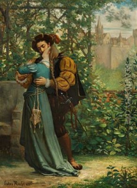 A Park Scene With A Kissing Couple Wearing Renaissance Costumes Oil Painting - Ludovic (Louis Hippolyte) Mouchot
