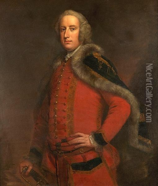 Portrait Of An Officer, Standing
 Three-quarter-length, In A Scarlet Frock Coat With A Blue, Fur-lined 
Cloak, His Hand Resting On A Sword Oil Painting - Thomas Hudson