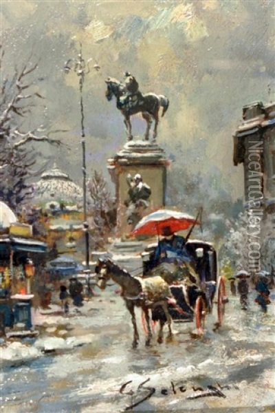 Carrozzella A Piazza Cairoli Oil Painting - Giuseppe Solenghi