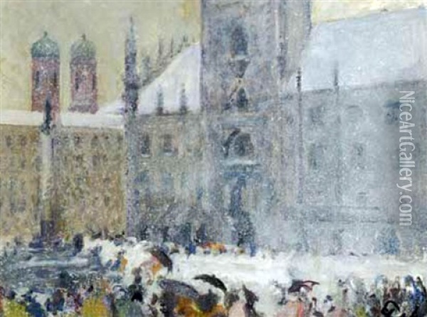 Marienplatz In Munchen Im Schneetreiben Oil Painting - Julius Exter