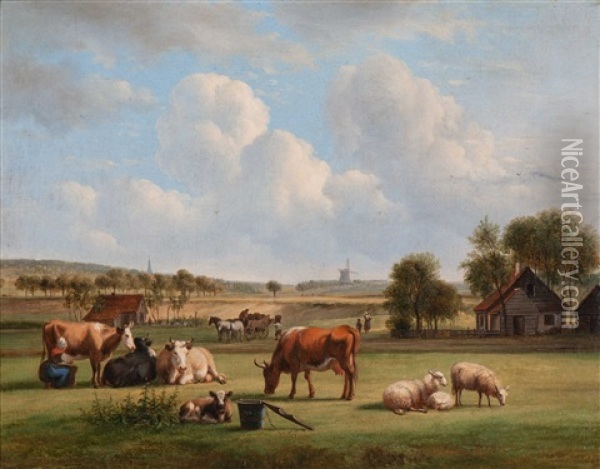 Milking Of The Cattle In A Gelderland Landscape Oil Painting - Nicolaas Johannes Roosenboom