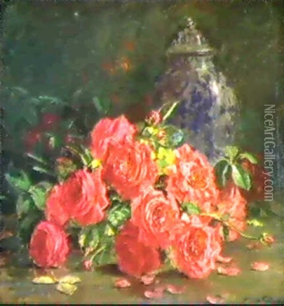 Still Life With Roses And Ginger Jar Oil Painting - Abbott Fuller Graves
