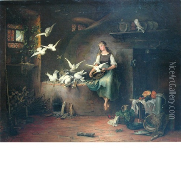 Feeding Doves Oil Painting - Ernst Friedrich Hausmann