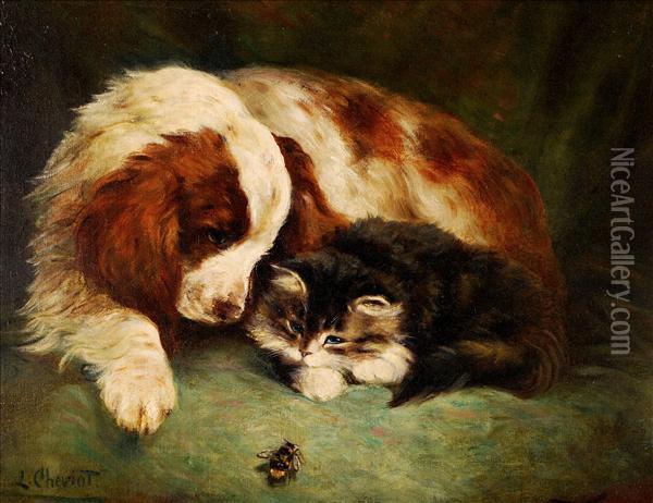 Clumberspaniel And Kitten Watching A Bumble Bee Oil Painting - Lilian Cheviot