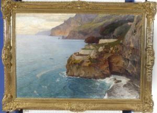 Sommerliche Steilkustenlandschaft Bei Positano Mit Zwei Frauen Auf Einer Terrasse Und Einigen Booten Oil Painting - Manuel Wielandt
