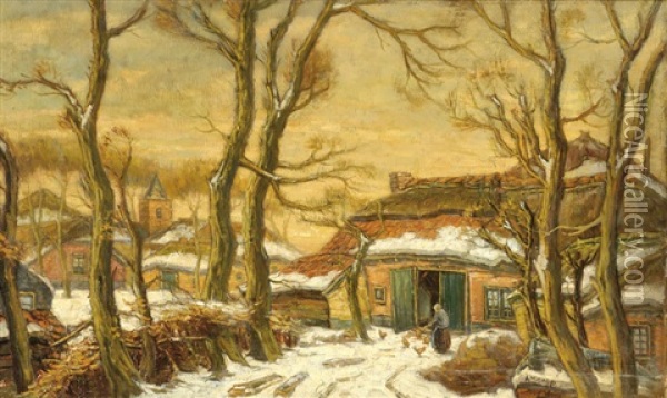 A Woman Feeding Chickens By A Farm In A Winter Landscape Oil Painting - Adriaan Marinus Geyp